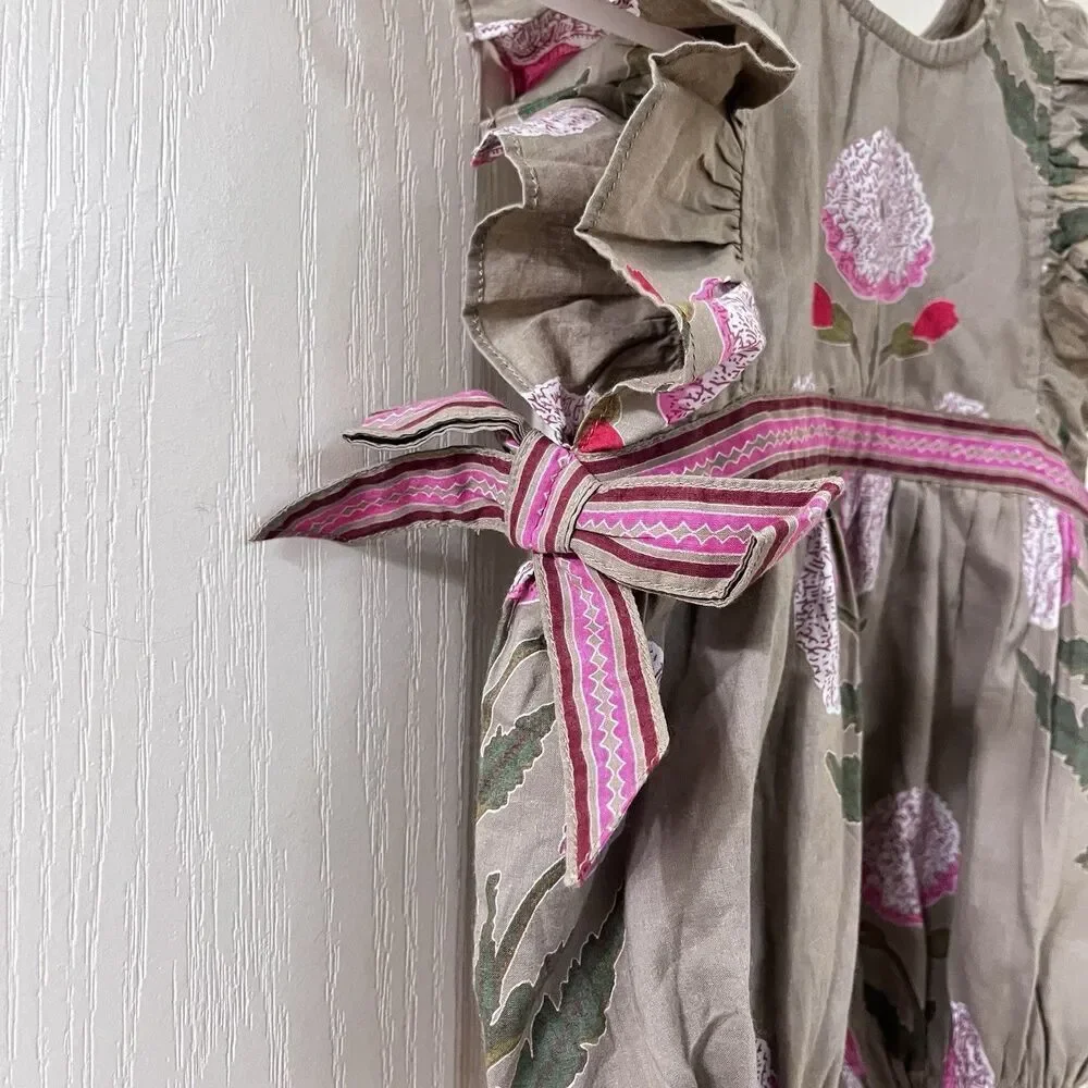 Pink Chicken Olive Green Floral Romper Side Bows Cotton Girls Size 6-12 Months